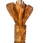 Olive Wood Kitchen Servers Set w/Holder -6 Pcs